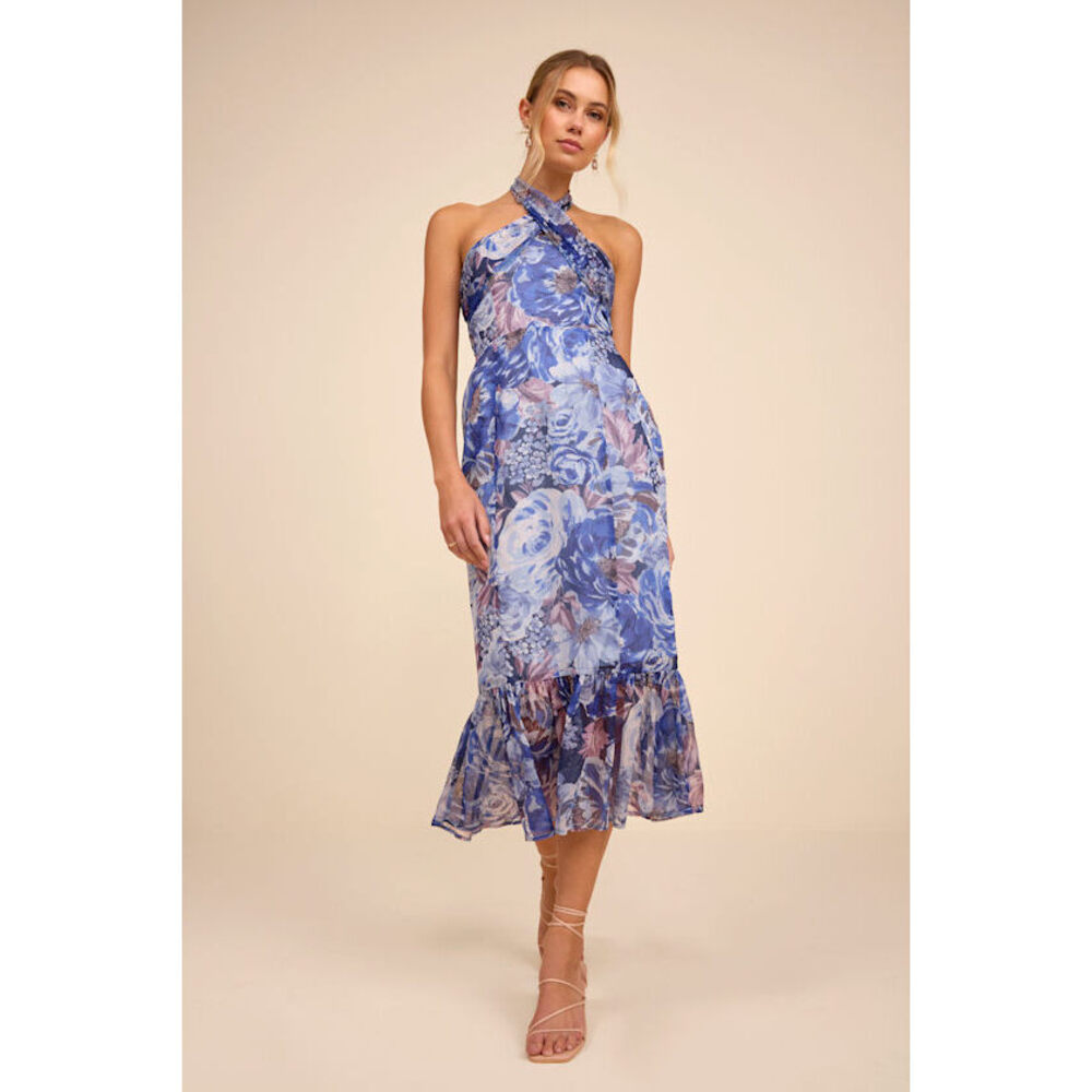 Lulus Juno Blue Multi Floral Halter Trumpet Midi Dress - Size Small